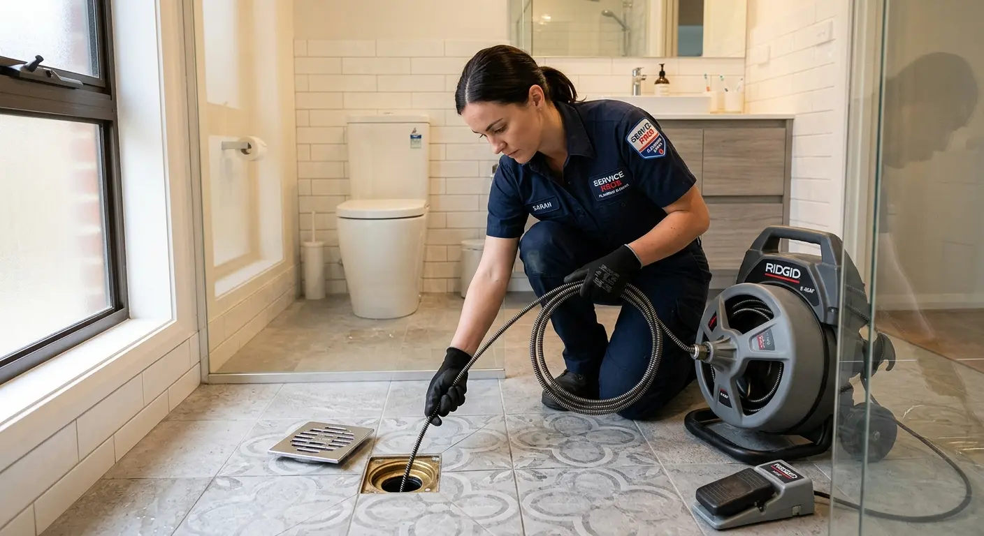 Technician clearing a bathroom floor drain for Hydro Jetting in Good Hope